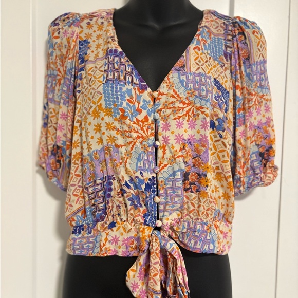 Rose Olive Crop Top Purple Orange Patch Print Short Sleeve Tie Front Size Small - Picture 1 of 12